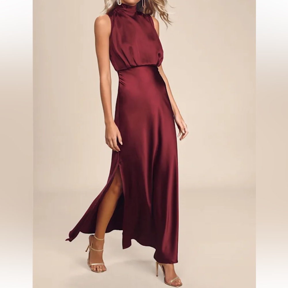 Lulus Classic Elegance Wine Satin Mock neck keyhole back Maxi Dress size XL NWT - Picture 3 of 13